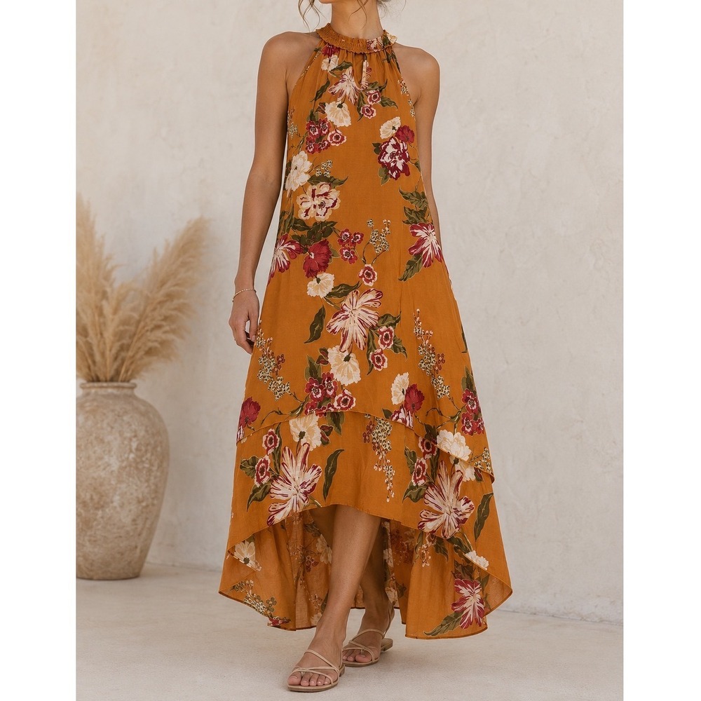 Est. 1946 Floral High Low Maxi Dress Orange Boho Halter Smocked Neck XL yy